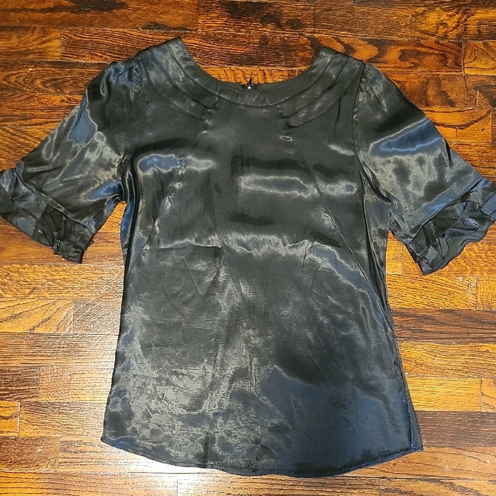 Jo Borkett Chic Minimalist European Black Satin Women's Blouse Ruffle Sleeve XS